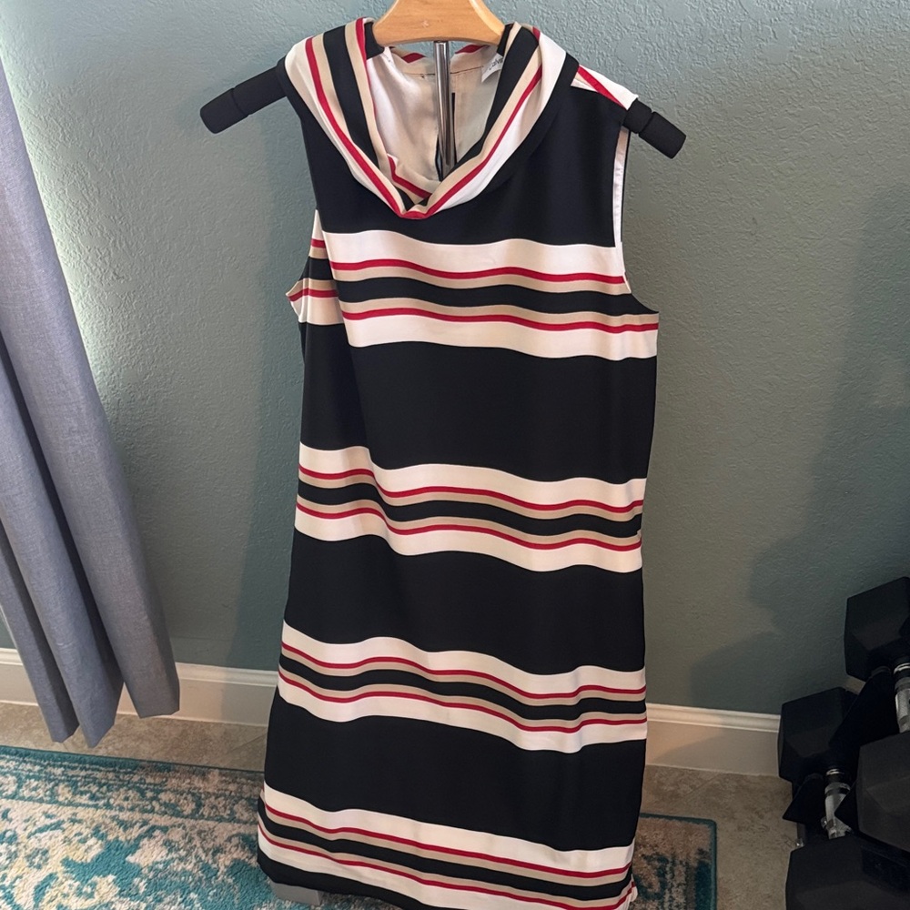 Calvin Klein Black and White Striped Midi Dress